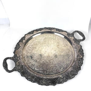 Vintage Crescent Silverware Ornate Serving Tray Floral Engraving 15" Round